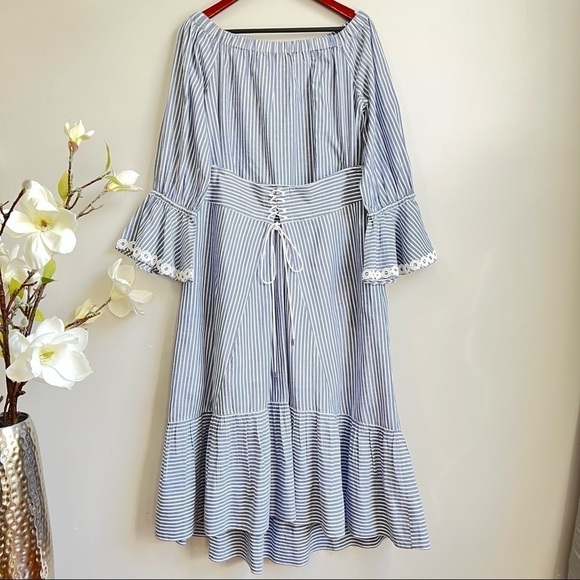 T Tahari Irena stripes prints midi skirt off shoulder top sets - Picture 2 of 15